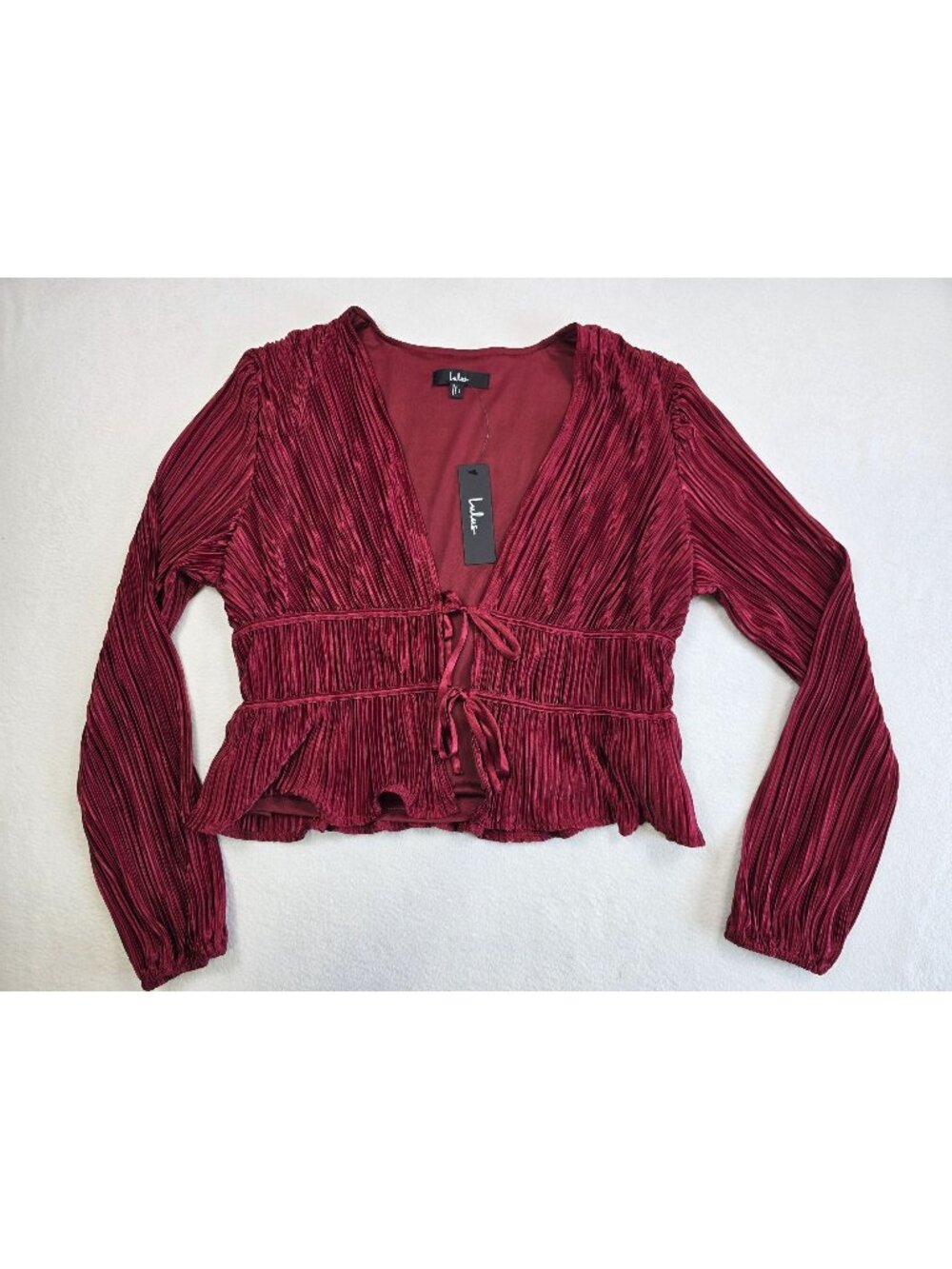 NEW Lulus Large Burgundy Pleated Long Sleeve Tie Front Top